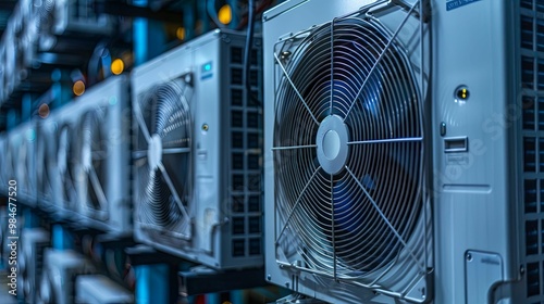 Close-up of a row of industrial cooling units with a large fan in the foreground
