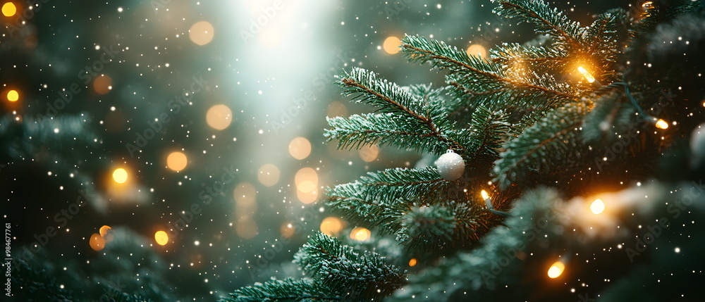 A close-up of a Christmas branch with a little snow can be used as a background for a Christmas card or website that emphasizes the warmth and brightness of winter, giving it a warm and festive feel.