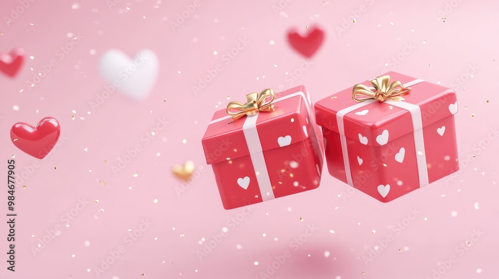 Two red gift boxes with white hearts and gold bows floating on a pink background with hearts and glitter. Two red gift boxes with white hearts and gold bows floating on a pink background with hearts and glitter.