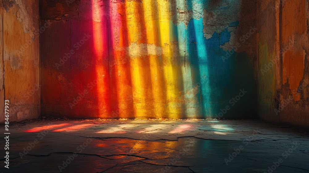 Captivating rays of vibrant colors illuminate the textured walls of an abandoned room, creating a stunning interplay of light and shadows Captivating rays of vibrant colors illuminate the textured walls of an abandoned room, creating a stunning interplay of light and shadows