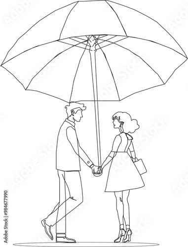 Doodle lovers: a boy and a girl under umbrella.