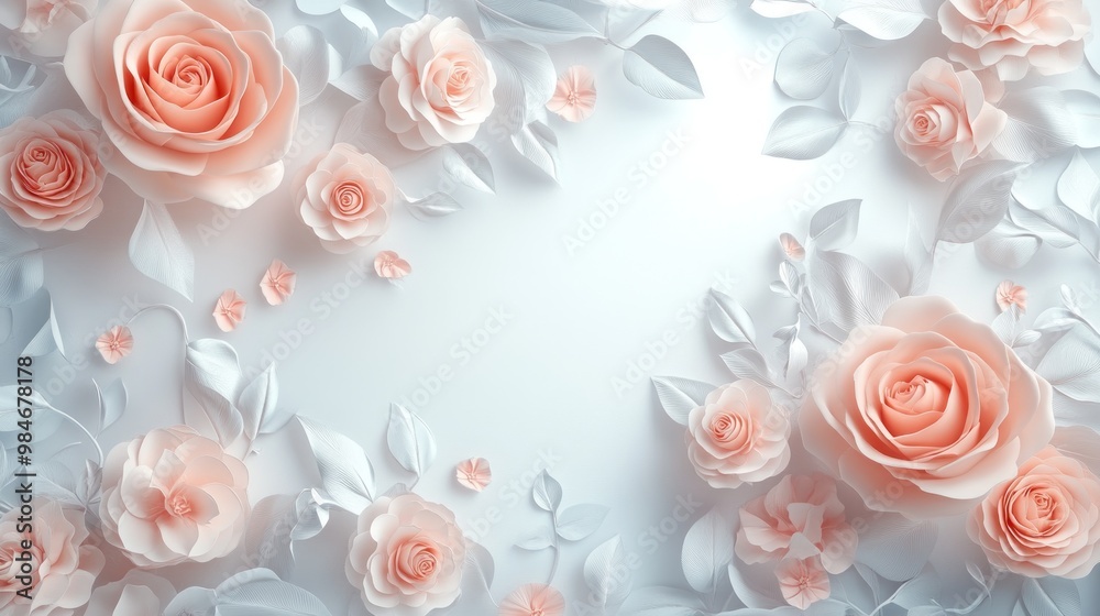 A soft floral arrangement featuring peach roses and delicate leaves on a light background. A soft floral arrangement featuring peach roses and delicate leaves on a light background.