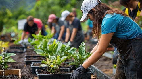 Local community response to climate change, with people working on environmental restoration projects photo