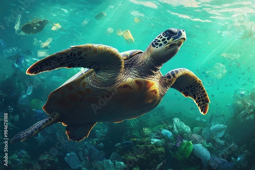 Turtle Swimming Through Ocean Plastic Pollution photo