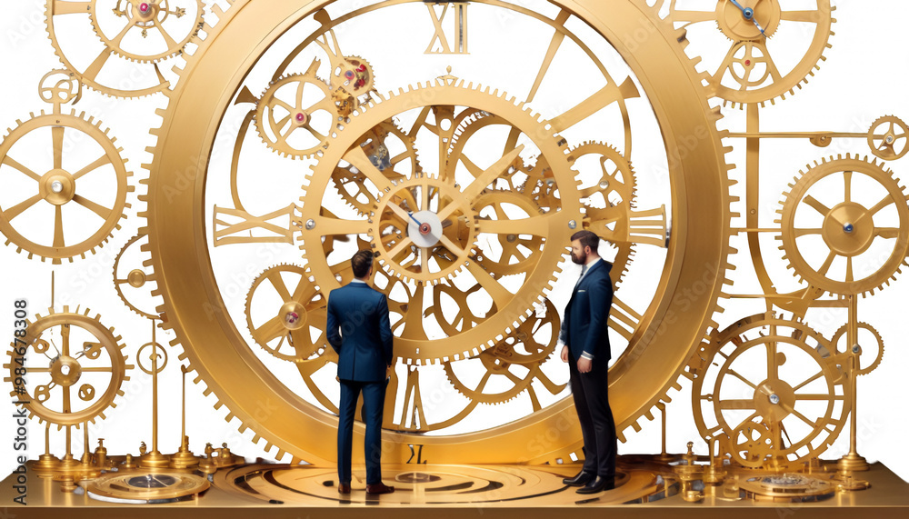 clockwork standing man painting big golden illustration front acrylic art artistic artwork illustration painting watercolor big bright clock clockwork cog concept design dreamlike fantasy gear gold
