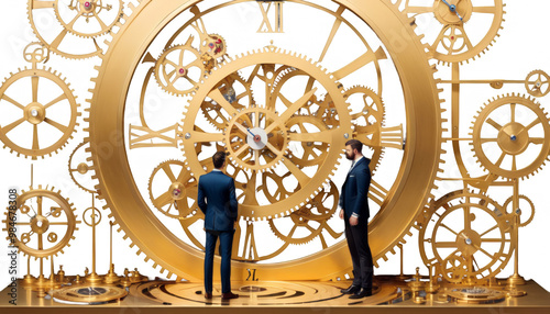 Obraz na płótnie clockwork standing man painting big golden illustration front acrylic art artistic artwork illustration painting watercolor big bright clock clockwork cog concept design dreamlike fantasy gear gold w salonie