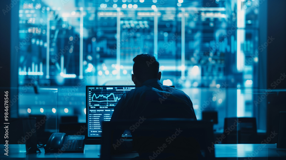 Focused businessman analyzing revenue charts and financial metrics on a digital screen, emphasizing business success, financial growth, and monetization in a modern office environment. Focused businessman analyzing revenue charts and financial metrics on a digital screen, emphasizing business success, financial growth, and monetization in a modern office environment.