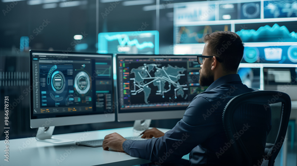 Focused businessman analyzing revenue charts and financial metrics on a digital screen, emphasizing business success, financial growth, and monetization in a modern office environment. Focused businessman analyzing revenue charts and financial metrics on a digital screen, emphasizing business success, financial growth, and monetization in a modern office environment.