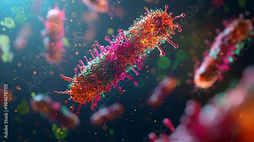 Artistic rendering of a bacterial operon system, highlighting gene expression. Dark background with vibrant colors. photo