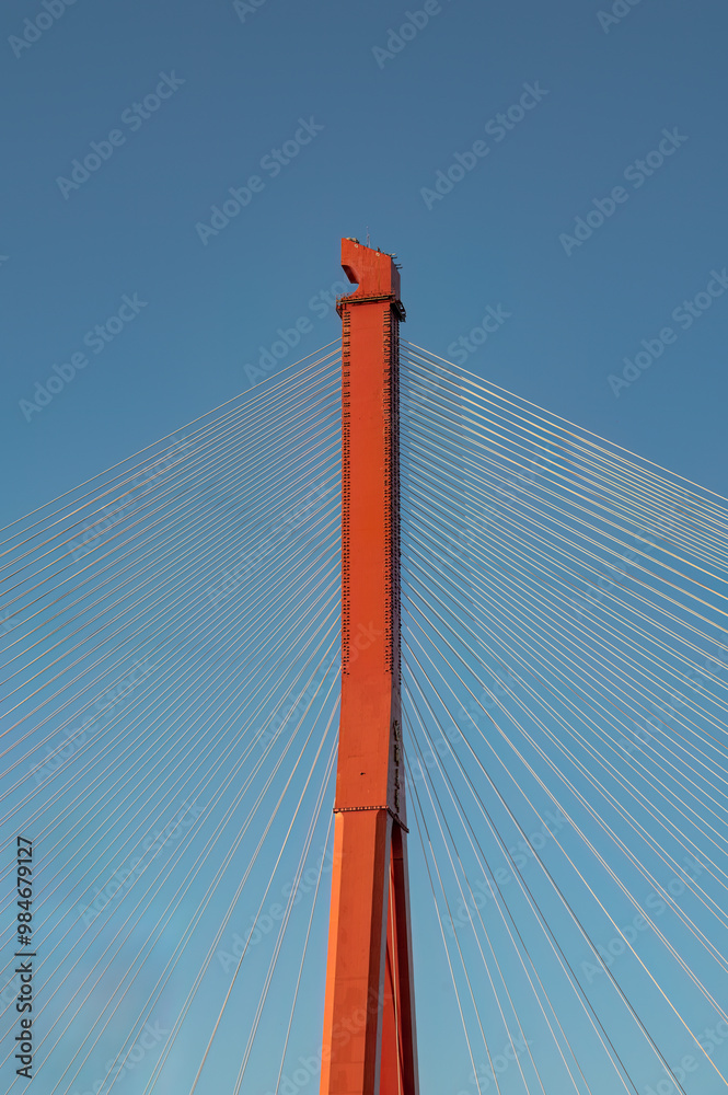 Obraz premium Close-up of a red modern cable-stayed bridge