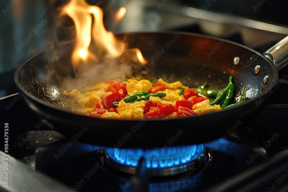 Sizzling Stir-Fry with Colorful Vegetables and Flames Sizzling Stir-Fry with Colorful Vegetables and Flames