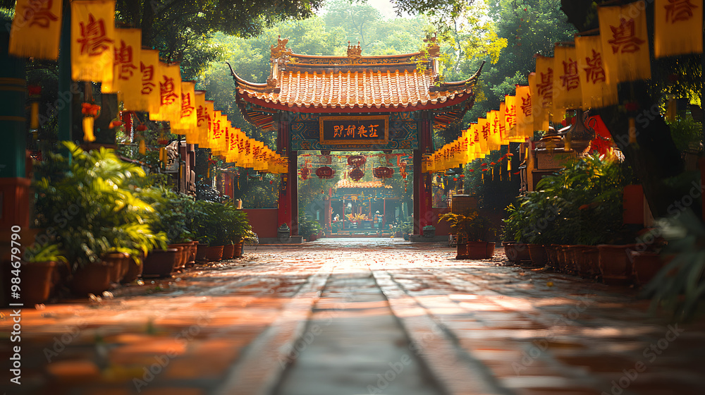 Obraz premium A serene pathway leads through a vibrant temple adorned with colorful banners and lush greenery, inviting tranquility and exploration.