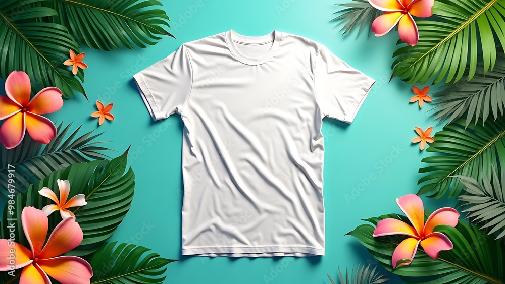 A mockup of a t-shirt set against a vibrant tropical theme background showcases colorful designs, perfect for summer collections and beachwear promotions. A mockup of a t-shirt set against a vibrant tropical theme background showcases colorful designs, perfect for summer collections and beachwear promotions.