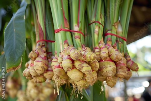 Fresh galangal on display at nature background photo