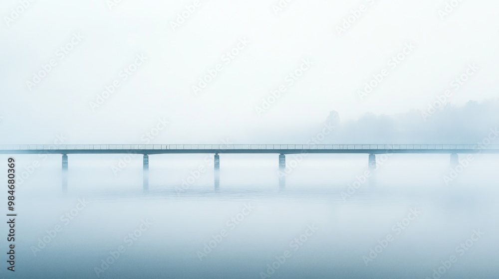 Naklejka premium A serene bridge shrouded in fog over calm waters, evoking tranquility and solitude.