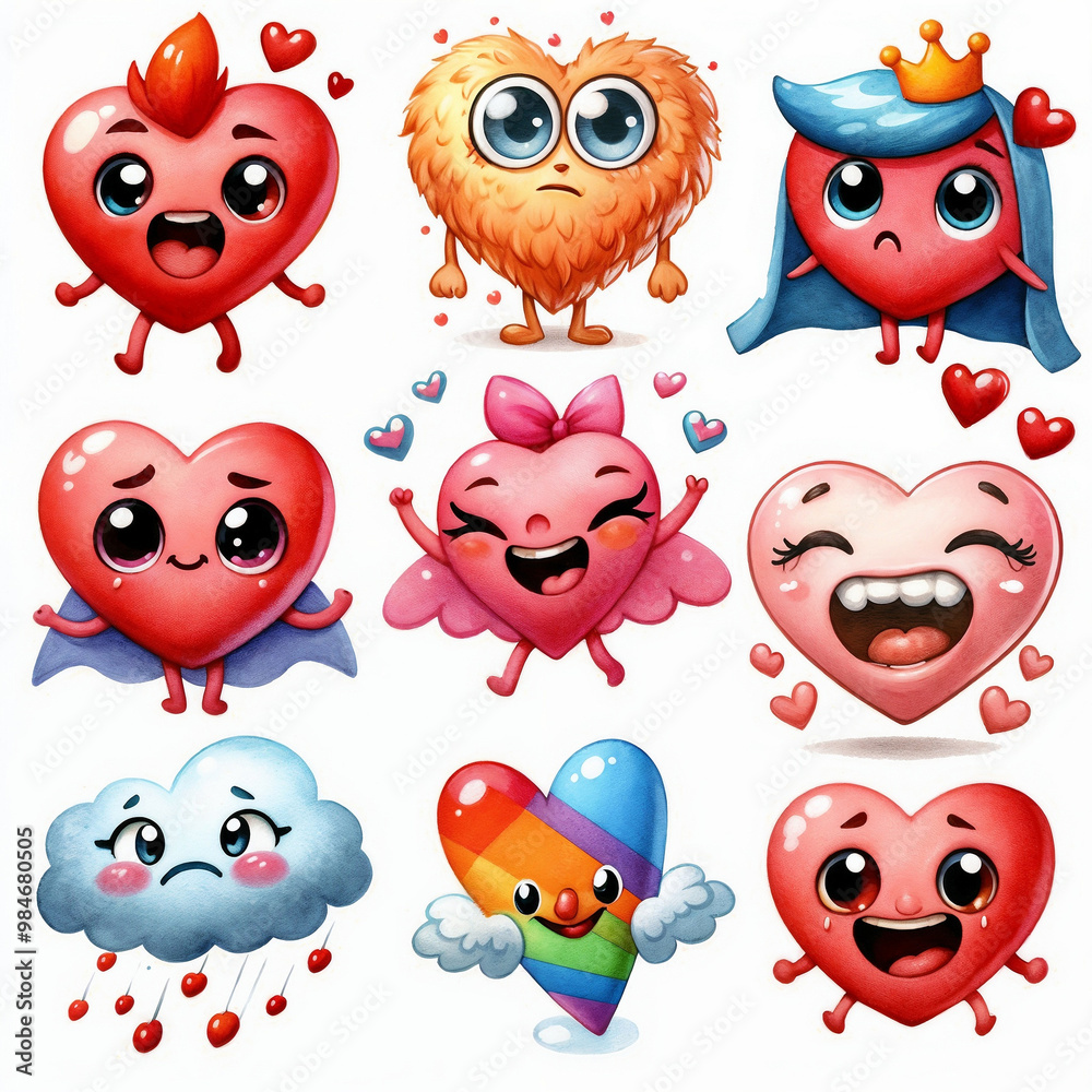 Fototapeta premium Set of cute funny hearts on white background. AI