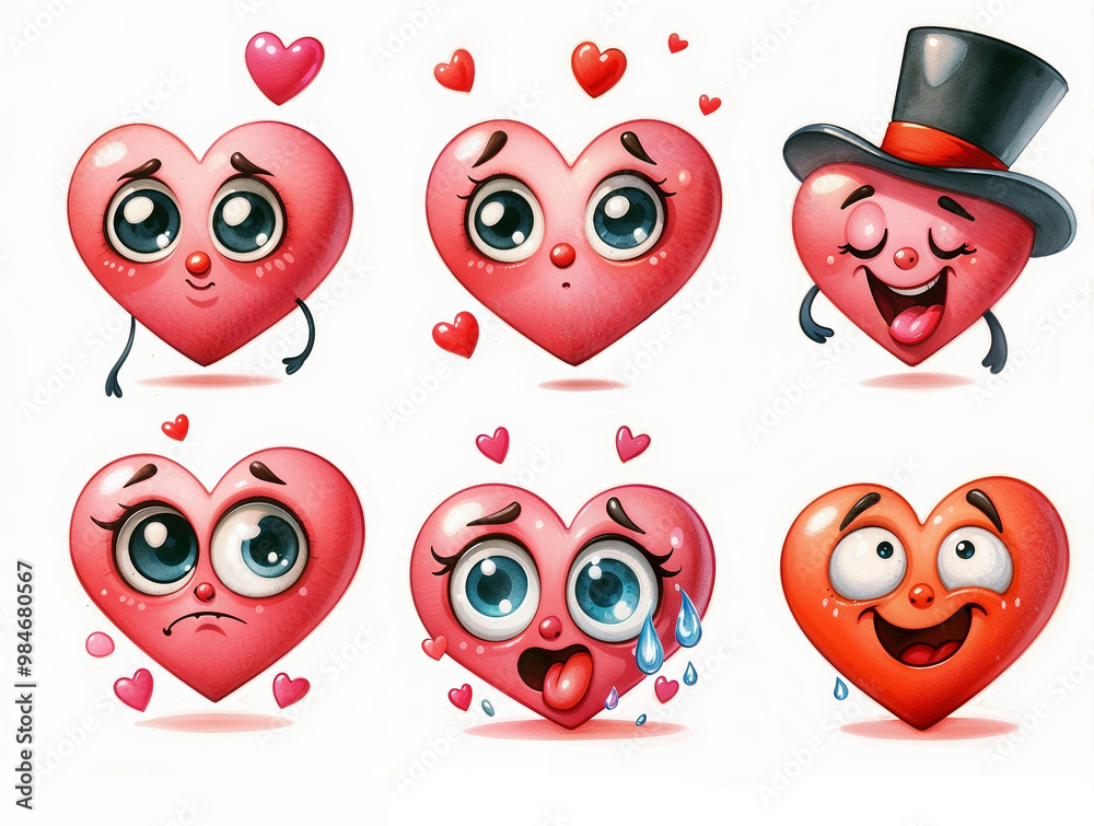 Set of cute funny hearts on white background. AI