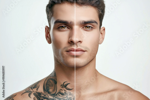 Before and After Tattoo Removal. Man before and after laser tattoo removal procedures, closeup comparison collage. Laser and cosmetic procedure for smooth and clean healthy skin photo