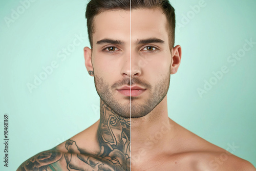 Before and After Tattoo Removal. Man before and after laser tattoo removal procedures, closeup comparison collage. Laser and cosmetic procedure for smooth and clean healthy skin photo