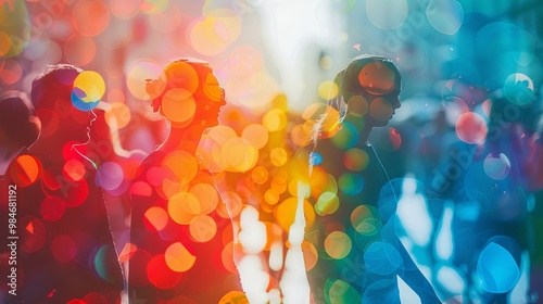 Vibrant city street scene featuring colorful bokeh effects with silhouettes of people walking in a lively urban atmosphere.