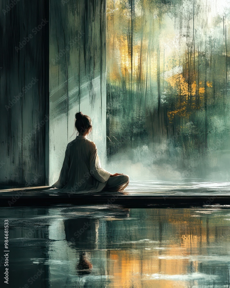 Motivation for personal growth, a person meditating in a serene setting, calm and focused