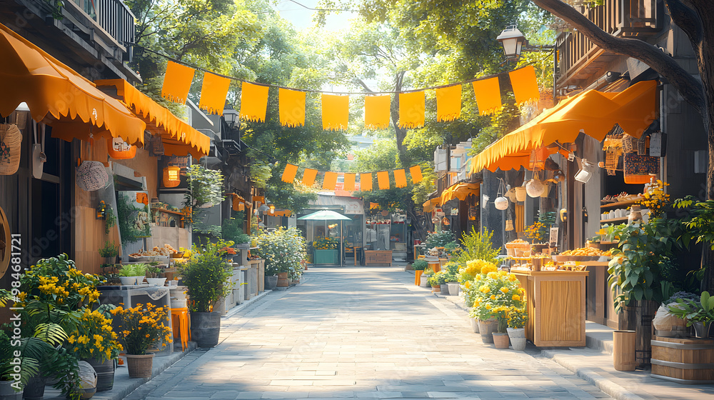 Fototapeta premium A vibrant street scene filled with colorful flowers and decorative banners, creating a cheerful atmosphere for visitors.