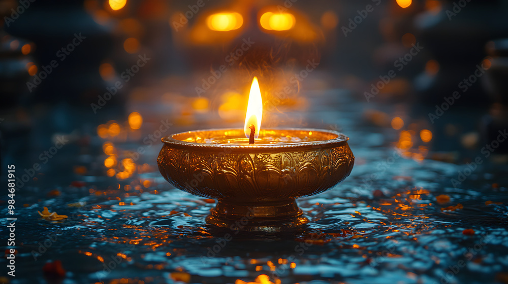 Beautiful golden diya candle with a flickering flame, creating a warm and serene ambiance for festivals and celebrations. Beautiful golden diya candle with a flickering flame, creating a warm and serene ambiance for festivals and celebrations.