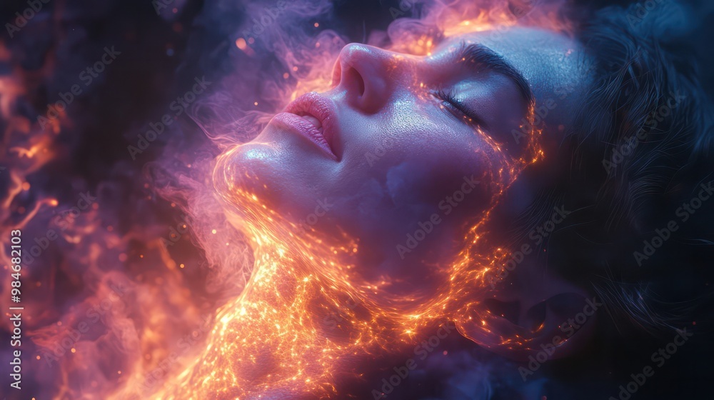 Neck pain in a fantasy setting, with a mystical healer working on a person's neck, glowing energy swirling around Neck pain in a fantasy setting, with a mystical healer working on a person's neck, glowing energy swirling around