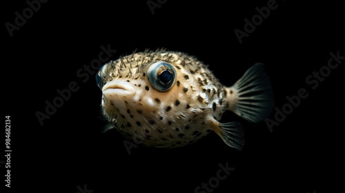 A close-up of a spotted pufferfish against a black background.