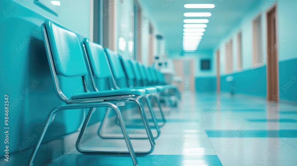 High-Quality Photograph of Hospital Room with Turquoise Chairs and Medical Equipment, Wide-Angle Perspective High-Quality Photograph of Hospital Room with Turquoise Chairs and Medical Equipment, Wide-Angle Perspective