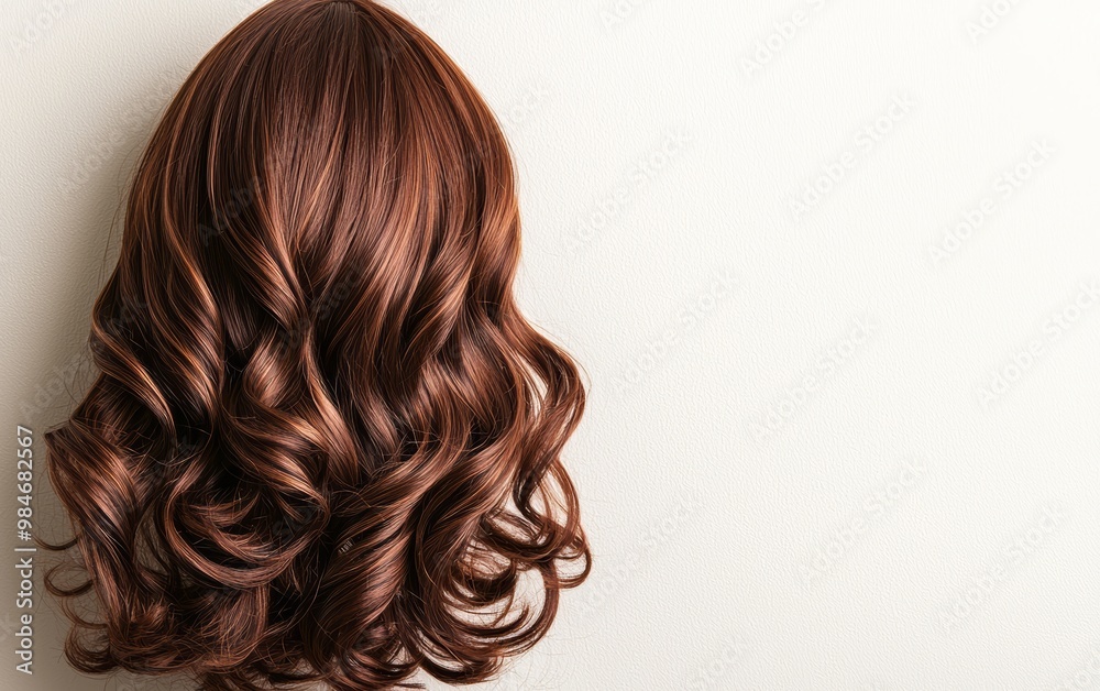 Fototapeta premium Brown synthetic wig with soft waves, front and side angles on a mannequin head, highlighting hair texture and styling