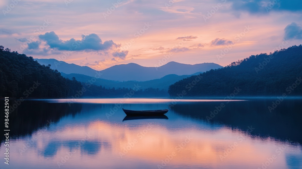 Fototapeta premium Serene lake at sunset with a lone boat and mountains in the background.