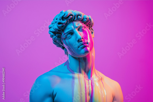 Marble classical sculpture covered with dripping colorful paint. Greek statue in paint stains. Modern art minimalist creative concept. Grunge art, creativity, imagination, party, vandalism