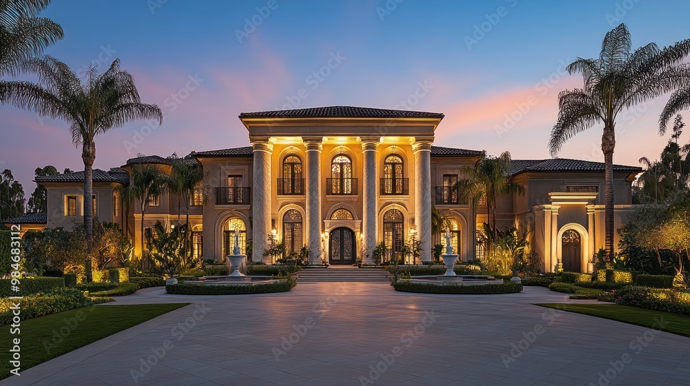 Obraz premium A luxurious mansion illuminated at dusk, showcasing elegant architecture and landscaping.