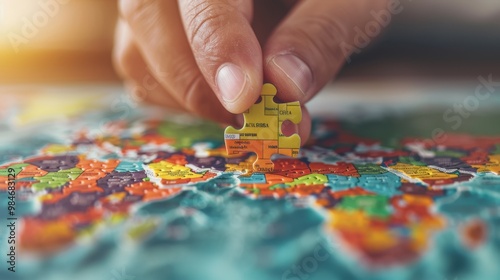 hand placing the final piece in a colorful world map puzzle, symbolizing global connection, strategy, and completion.