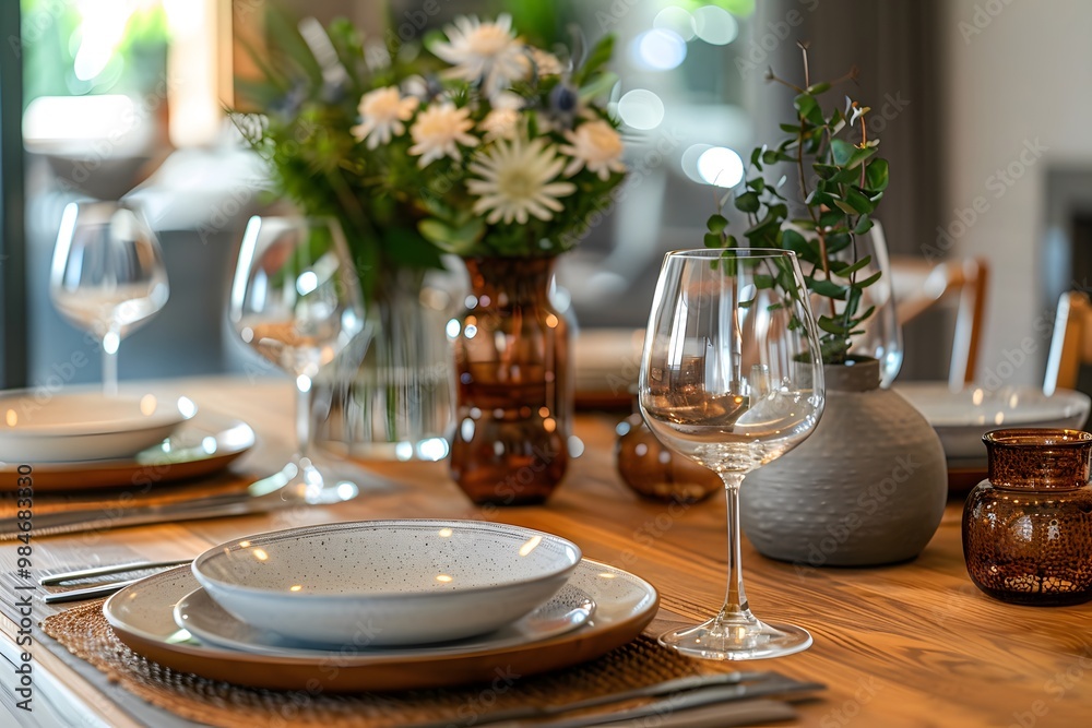 Elegant Dining Table Setting with Floral Centerpieces and Glassware Elegant Dining Table Setting with Floral Centerpieces and Glassware