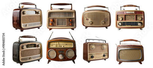 Collection of vintage radios in various styles and designs isolated on transparent background photo