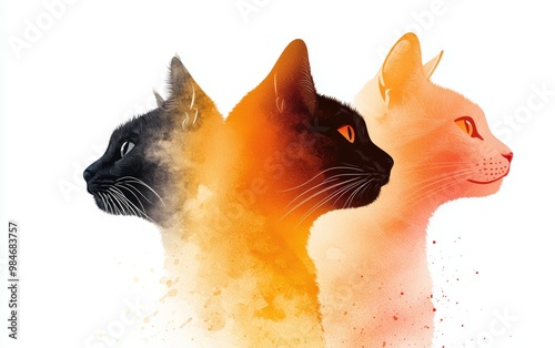 Curious cats exploring, dynamic action poses, vibrant yet soft, watercolor style photo