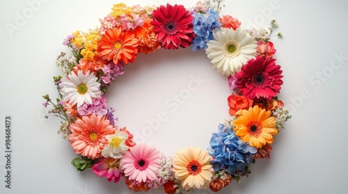 A picture of a bunch of flowers arranged in the shape of a letter o on a purple background, 
Circle of rainbow flowers on white background, copy Spece design. photo