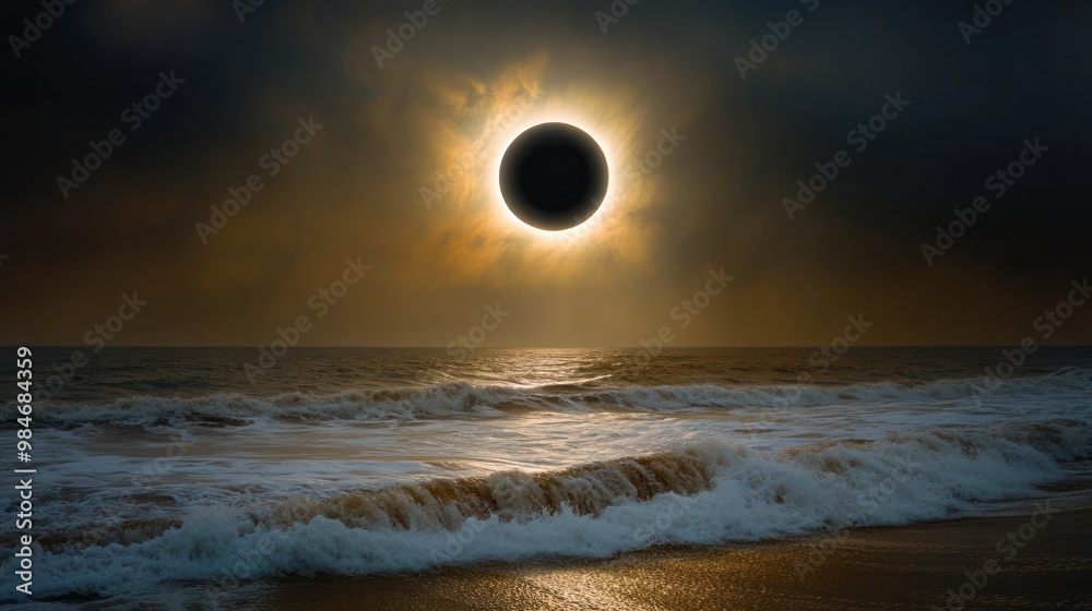 Obraz premium A stunning view of a solar eclipse over a tranquil ocean at sunset.