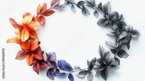 A picture of a bunch of flowers arranged in the shape of a letter o on a purple background, 
Circle of rainbow flowers on white background, copy Spece design. photo
