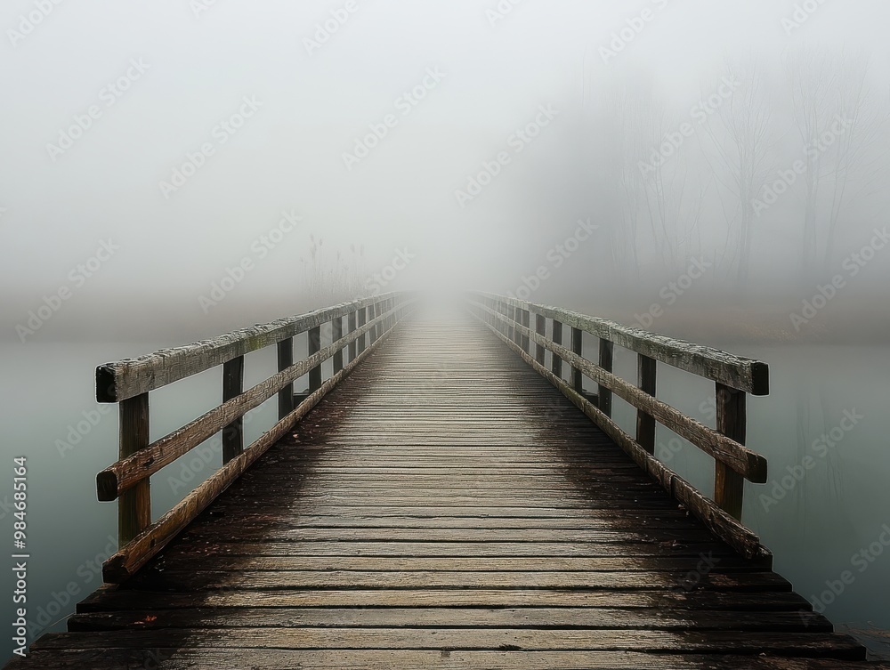 Fototapeta premium Wooden Bridge Disappearing Into Dense Fog 