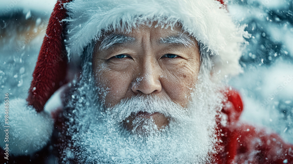 Serious elderly man in Santa hat looking into camera with snow falling Serious elderly man in Santa hat looking into camera with snow falling