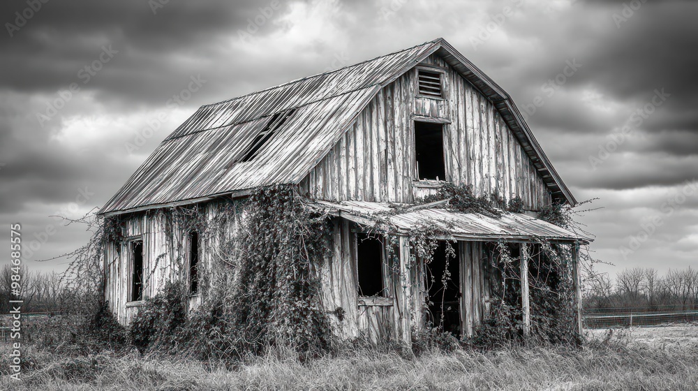 An abandoned, overgrown barn stands under a dramatic sky, evoking a sense of decay and nature's reclaim. An abandoned, overgrown barn stands under a dramatic sky, evoking a sense of decay and nature's reclaim.