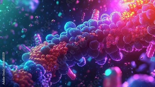 Visual representation of a cell's lysosomal pathway, highlighting digestion of macromolecules. Bright colors on a dark background. photo