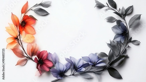 A picture of a bunch of flowers arranged in the shape of a letter o on a purple background, 
Circle of rainbow flowers on white background, copy Spece design. photo