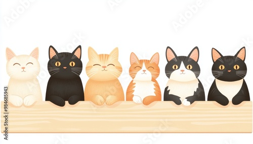 Group of cats, different fur patterns, sitting and standing, watercolor style