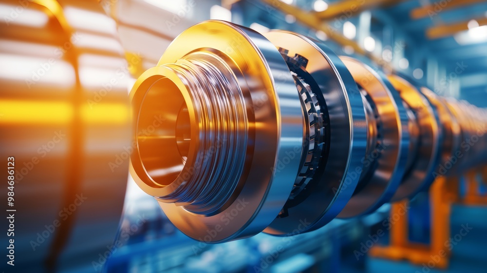 Obraz premium Heavy-duty crankshaft in a modern manufacturing plant, focus on industrial machinery, precision engineering and mechanical innovation