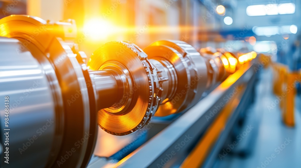 Obraz premium Heavy-duty crankshaft in a modern manufacturing plant, focus on industrial machinery, precision engineering and mechanical innovation