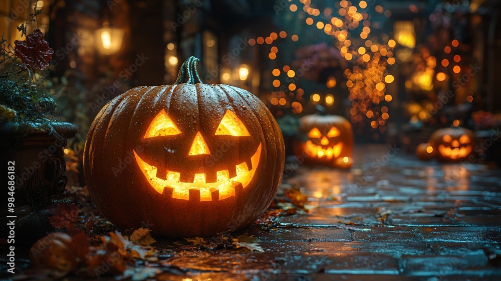 Illuminated Jack o  lantern on Cobblestone Path for Halloween
